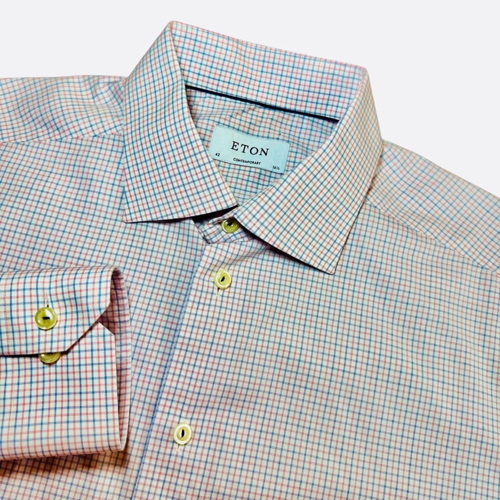 Eton Contemporary Dress Shirt Mens 16.5/42 Blue Red Tattersall Check Cotton